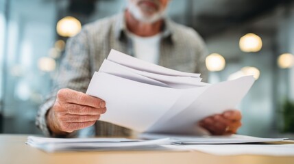 Close up of a senior businessman reviewing paperwork, holding several sheets of paper in his hands while sitting at his desk in a brightly lit office environment
