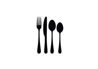 Simple black silhouette of cutlery including a fork, knife, and spoons, isolated on a white background