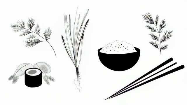 Artistic Black and White Illustration of Asian Market Elements Incorporating Plants and Cuisine