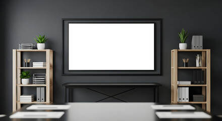 Modern minimalist office interior design mockup blank frame wall shelves plants books workspace presentation contemporary dark grey elegant professional corporate meeting room business