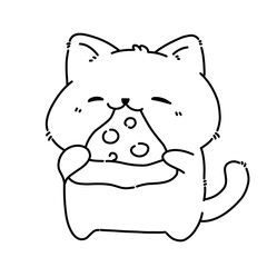 Cat eating pizza line art outline illustration cartoon.