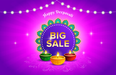Indian festival of lights with light bulb. Happy Diwali or Deepavali pink purple background. Diwali celebration banner design template. Vector illustration.