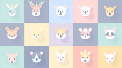 Cute Animal Faces Pattern in Pastel Squares Background