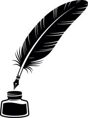 Vector art of black feather quill pen with ink bottle isolated on white background transparent background