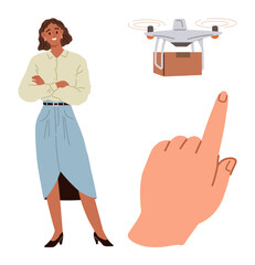 Woman in professional attire standing with folded arms, drone carrying a parcel in flight, index finger pointing up. Ideal for technology, delivery innovation, guidance, e-commerce, automation