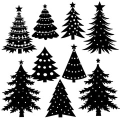 Silhouette Christmas Tree, Christmas Tree Silhouette Vector,   Elegant Christmas Tree Clip Art, Silhouette set of christmas tree