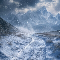 Snow-covered mountain trekking path in the Himalayas