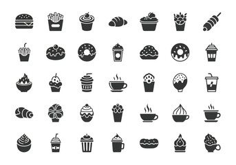 Assortment of popular fast food and sweet treat icons, including drinks and desserts