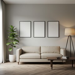 Fototapeta premium Modern Living Room Interior with Beige Sofa Three Blank Frames and Fiddle Leaf Fig Creating a Calm Atmosphere for Relaxation