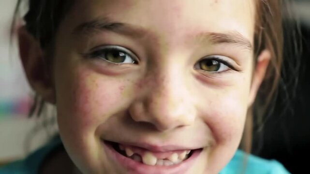 Smiling, youthful face with missing front teeth, hazel eyes, and slight freckles on fair skin is seen up close