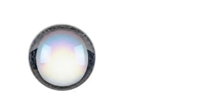 Iridescent glass orb with ethereal glow, suspended by delicate translucent silken web against transparent background, macro shot with shallow depth of field, concept of fragile artistry and balance - Powered by Adobe