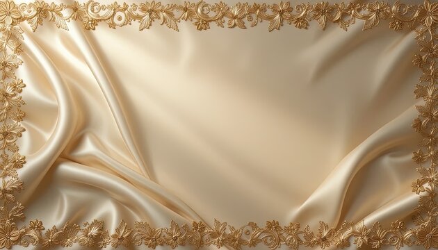 A luxurious, elegant cream-colored fabric drapes elegantly, framed by a delicate gold lace border.