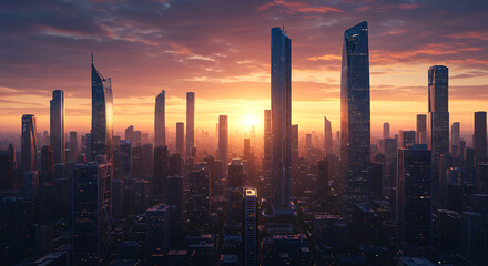 A breathtaking cityscape of modern skyscrapers silhouetted against a vibrant sunset sky.