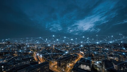 Aerial cityscape at night, interconnected by a network of luminous lines