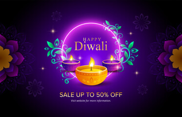 Indian festival of lights. Creative happy Diwali or Deepavali sale background with floral. Diwali celebration banner design template. Vector illustration.
