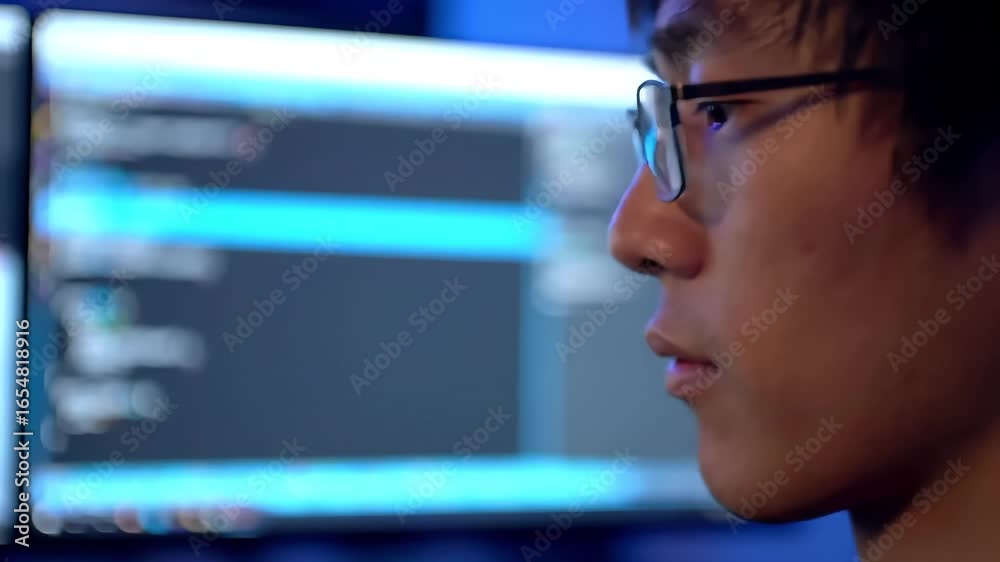 Wall mural programmer coding late night, office background