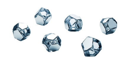 Macro photo of sparse, irregularly faceted cool silver geometric shards reflecting light on a transparent background with subtle shadows and copy space, concept of fragmented modernity