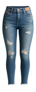 Distressed denim jeggings with frayed hemline and faded wash