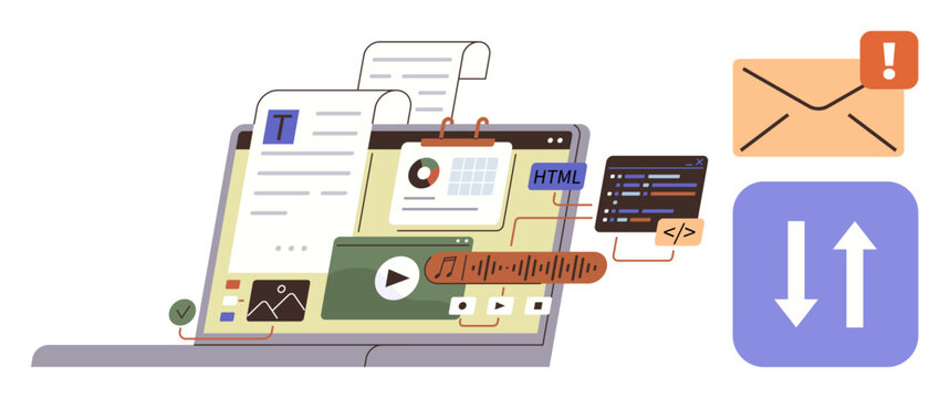 Laptop displaying documents, graphs, HTML code, video, and audio editing tools. Additional icons include data exchange and email alert. Ideal for communication, teamwork, coding technology