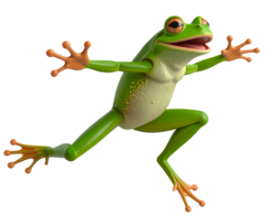 Happy Green Frog Cartoon Jumping Up, Dynamic Pose, isolated on transparent background PNG