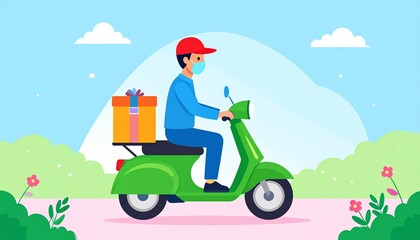 A cheerful delivery person on a scooter, carrying a gift, rides through a pleasant landscape.