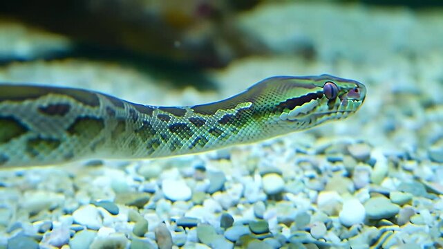Close-up of a detailed patterned snake submerged in clear water with small pebbles, showcasing its head and scales in an aquatic environment.