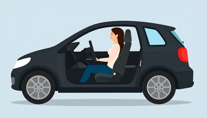 A woman is seated in the driver's seat of a dark gray car with doors open, side view.