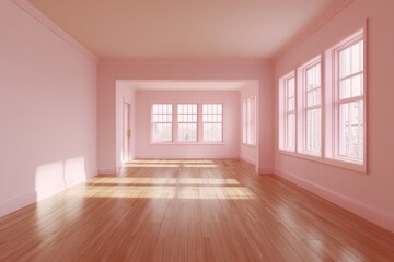 A sunlit, empty room, painted a delicate shade of pink, showcasing hardwood floors and large windows.