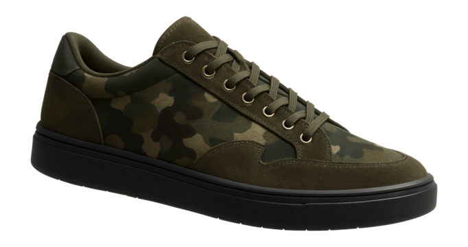 Camouflage print sneakers with suede overlays and rubber outsole