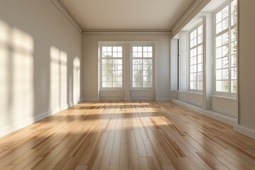 Fototapeta premium A sun-drenched, empty room with large windows showcasing a serene outdoor view.