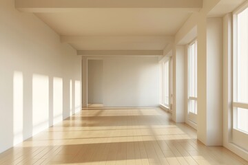 Fototapeta premium A sun-drenched, empty room with warm light and long shadows on the light beige hardwood floor, showcasing a modern, minimalist interior design.