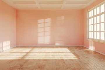 Obraz premium A sun-drenched, empty room boasts a light peach hue and a warm wooden floor.