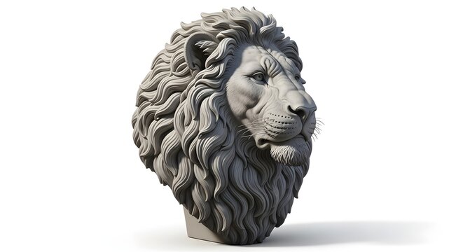 Majestic Stone Lion Head Sculpture on White Background – Detailed Gray Carving of a Regal Animal Bust