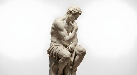 Obraz premium Pensive classical male sculpture in white marble, symbolizing thought, contemplation, and wisdom on a clean background.