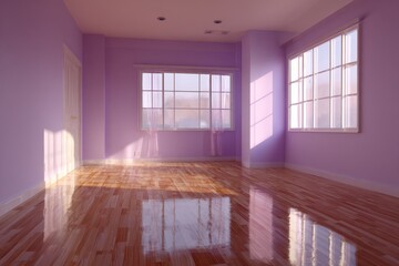 Obraz premium A sun-drenched, empty room with pale purple walls, reflecting sunlight on a polished wooden floor.