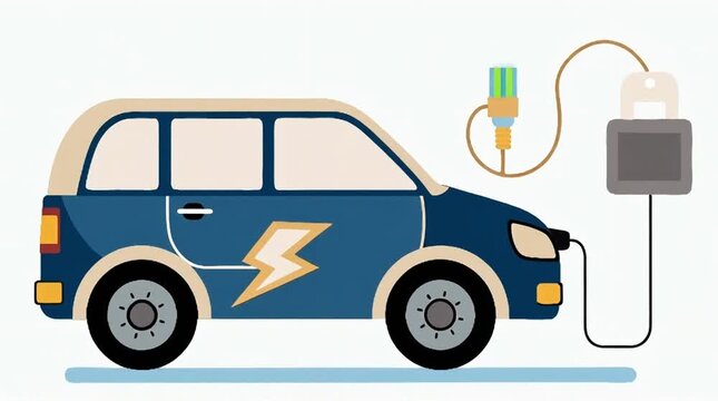 Electric vehicle charging illustration with a blue car and power plug, showcasing eco-friendly transportation and renewable energy concepts
