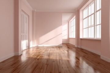 Fototapeta premium A sunlit, empty room with pale pink walls, gleaming hardwood floors, and large windows, showcasing a tranquil and inviting atmosphere.