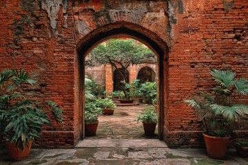 Fototapeta premium Ancient courtyard framed by brick walls