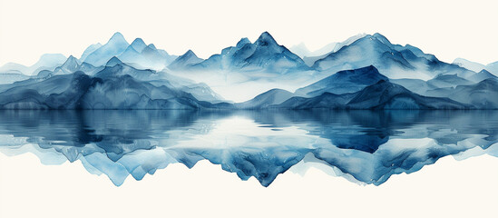 Blue mountains reflected in calm lake, misty background, wall art