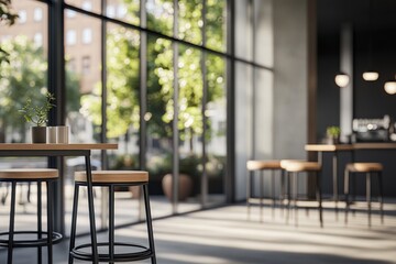 Obraz premium Modern minimalist interior with table stools and city view