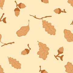 Autumn seamless pattern with brown oak leaves and acorns on light yellow background. Seasonal cozy design for textile, paper, and decor.