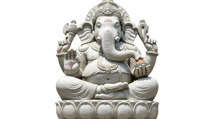 Obraz premium White Stone Ganesha Statue Isolated on White Background, Hindu Elephant-Headed Deity Sculpture