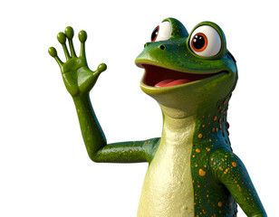 Naklejka premium Cute Green Frog Cartoon Waving Hand, Side Angle, isolated on transparent background PNG