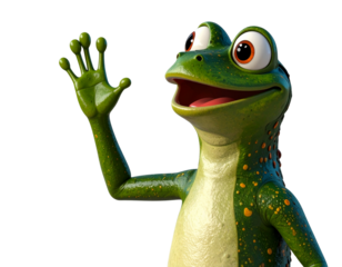 Cute Green Frog Cartoon Waving Hand, Side Angle, isolated on transparent background PNG