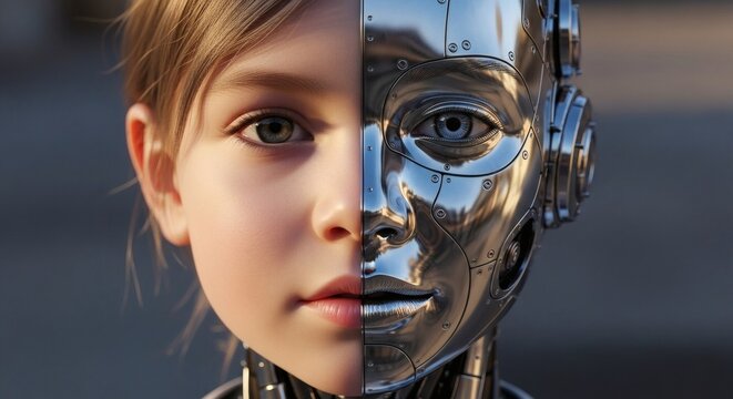 A striking half-human, half-robot face symbolizes the merging of biology and technology, blurring the lines between organic and artificial.