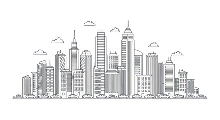 A monochrome illustration depicting a cityscape with various skyscrapers and buildings, outlined.