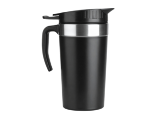 Angled View of Modern Insulated Travel Mug with Handle, Black and Gray Design, isolated on transparent background PNG