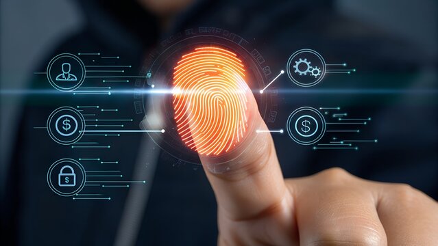 Biometric Fingerprint Security with Business Icons, Close-Up Shot