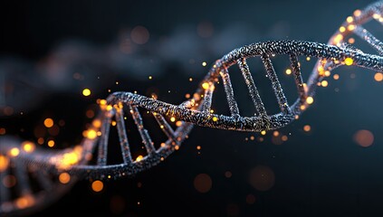 DNA helix,  glowing particles,  dark background.  Scientific 3D rendering of a double helix structure.  Metallic gray DNA strands,  with  small, glowing orange particles