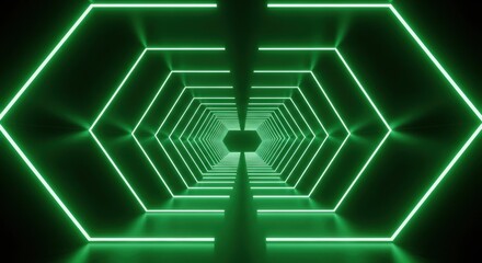Abstract green neon hexagonal tunnel background with perspective view and dark reflections.